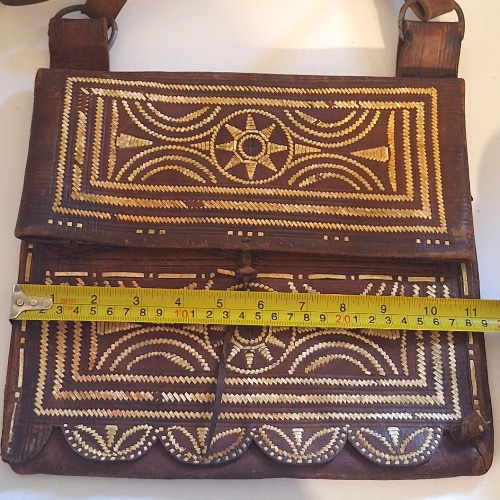 Antique Handmade Hide Leather Messenger Crossbody Bag Morrocan Style Embroidery